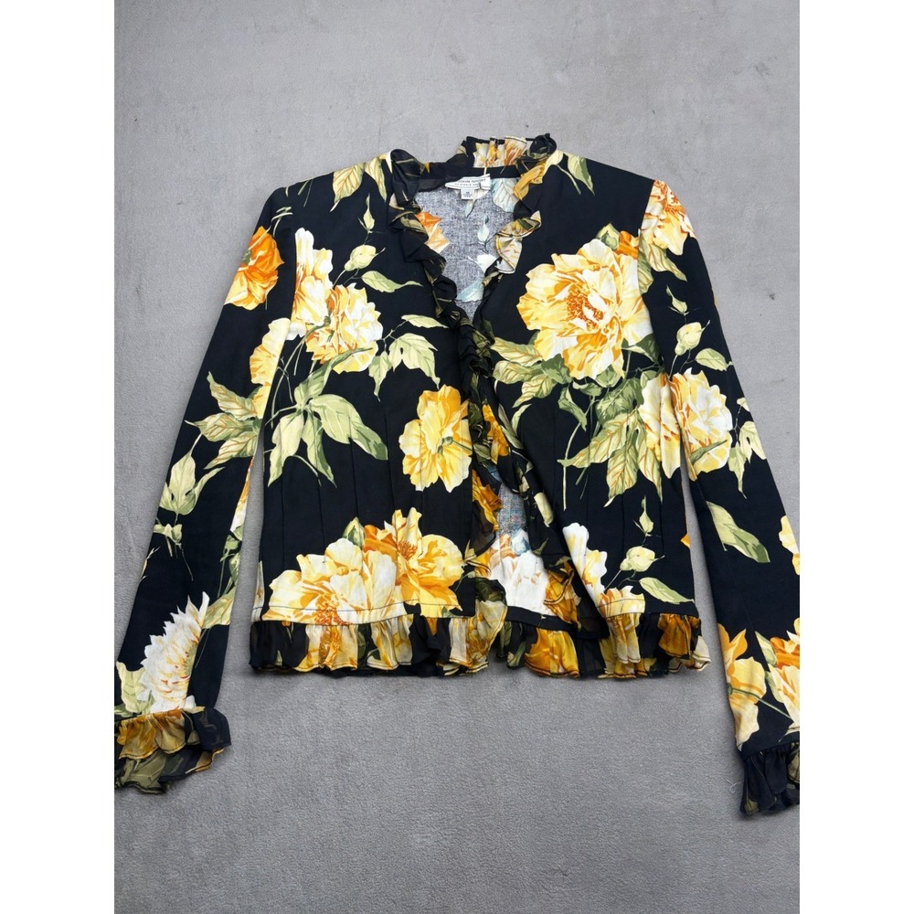 VTG St John Sport Marie Gray Yellow Floral Ruffle Cardigan Top Blouse Medium